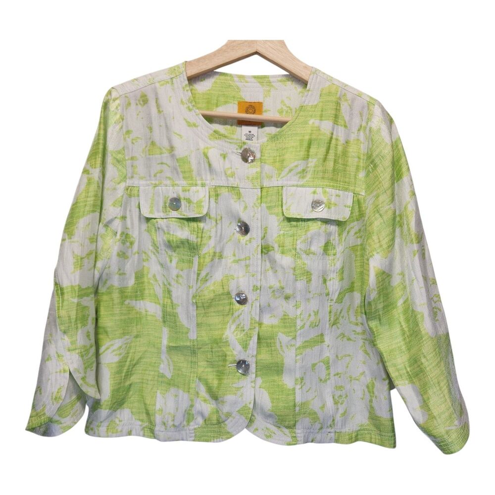 Ruby Rd. Metallic Floral Citron Jacket 3/4 Sleeve Rayon Pockets Size 10